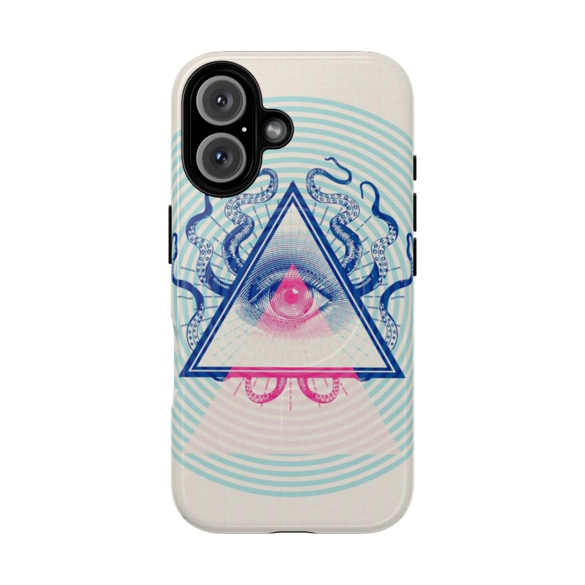 Illuminati-inspired geometric phone case with pink, tentacle, and cthulhu-like designs