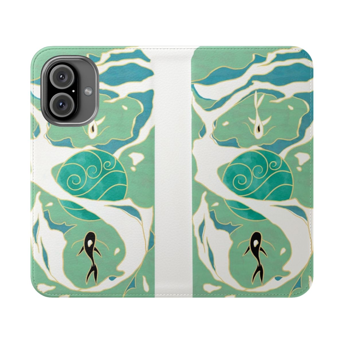 Water Tribe-themed flip cover phone case with blue and teal colors, koi fish, and yin-yang symbols