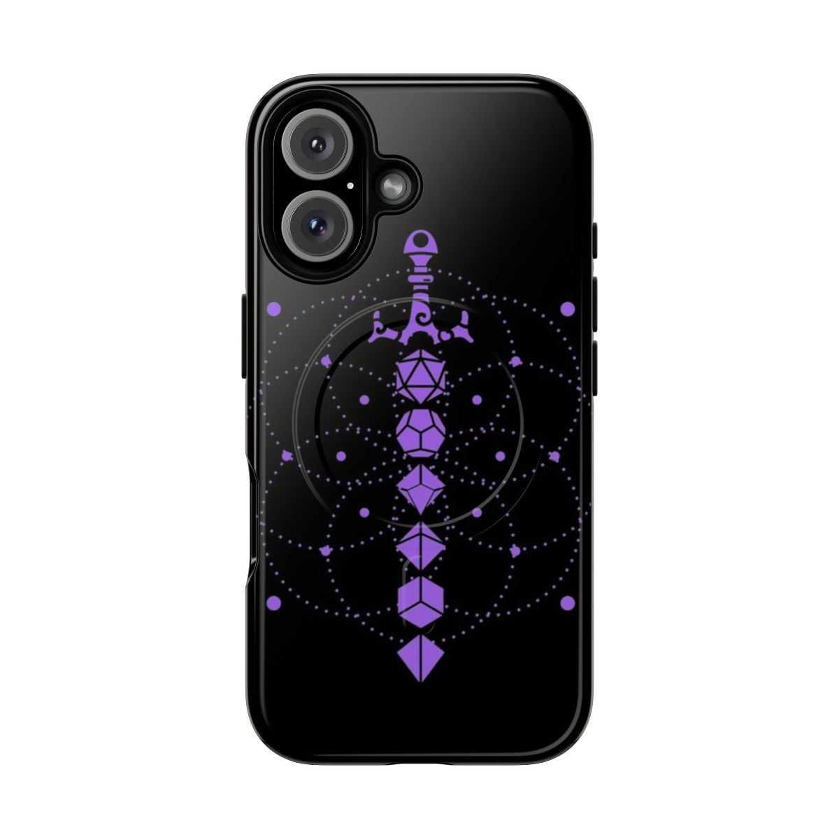 Magnetic tough phone case with fantasy gaming artwork featuring dice, sword, and other tabletop RPG elements