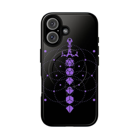 Magnetic tough phone case with fantasy gaming artwork featuring dice, sword, and other tabletop RPG elements