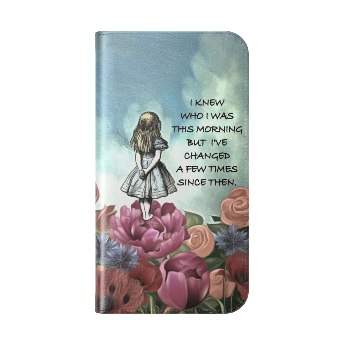 Vintage-style flip cover phone case featuring Alice in Wonderland-inspired design with flowers and quotes. - Folded Back