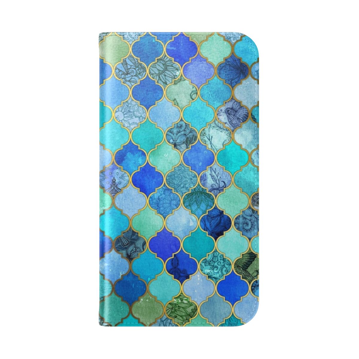 Decorative tile pattern flip phone case in cobalt blue, aqua, and gold colors - Folded Back