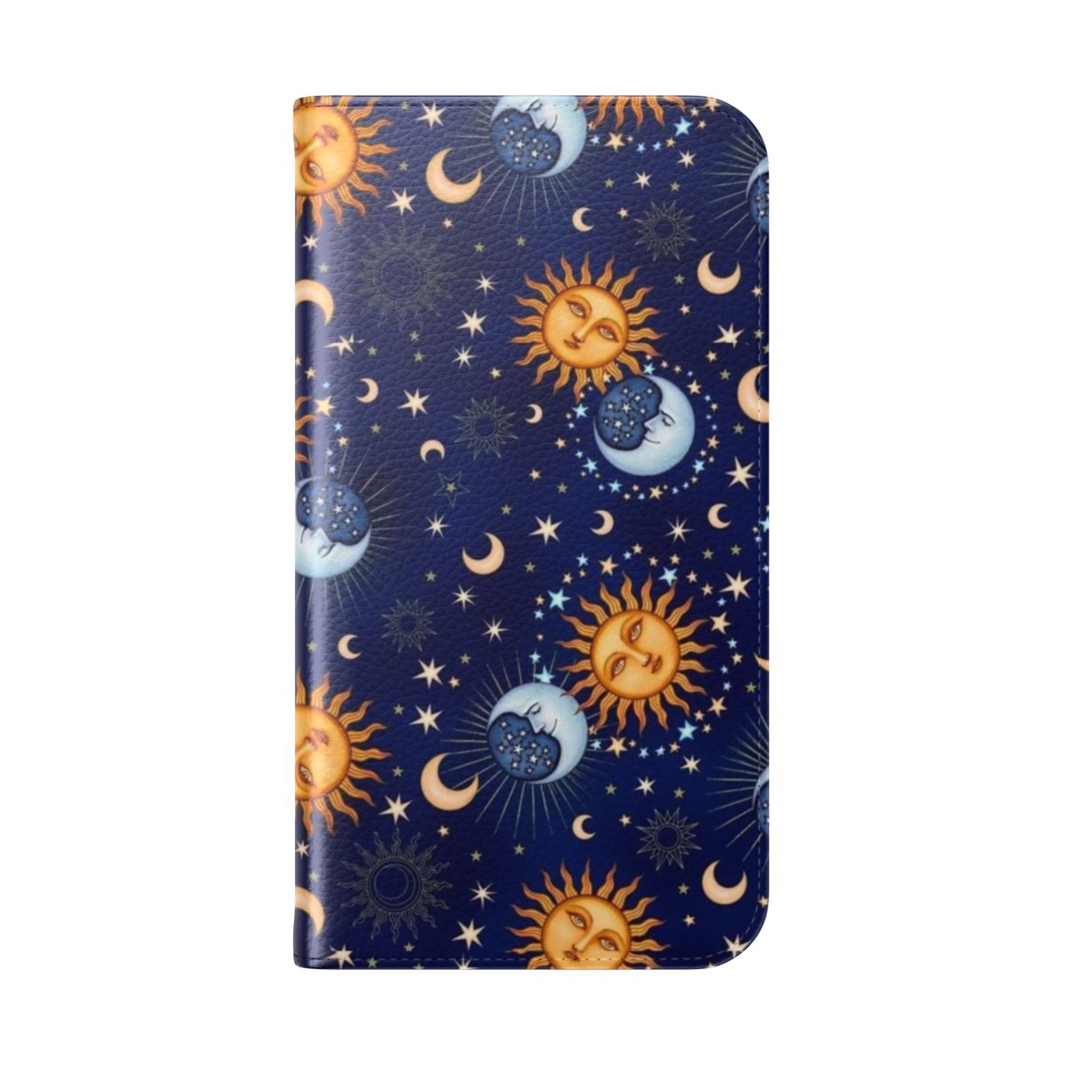 Celestial sun and moon flip phone case with stars and galaxy design - Folded Back