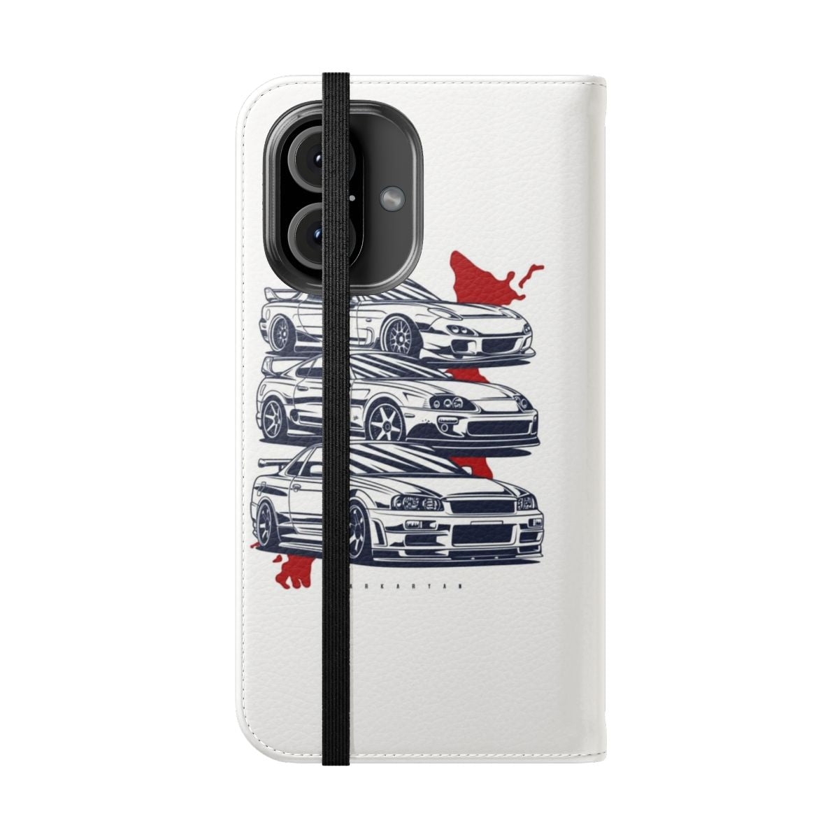 Flip cover phone case featuring JDM cars like RX7, Skyline GTR, and Supra - Folded Front