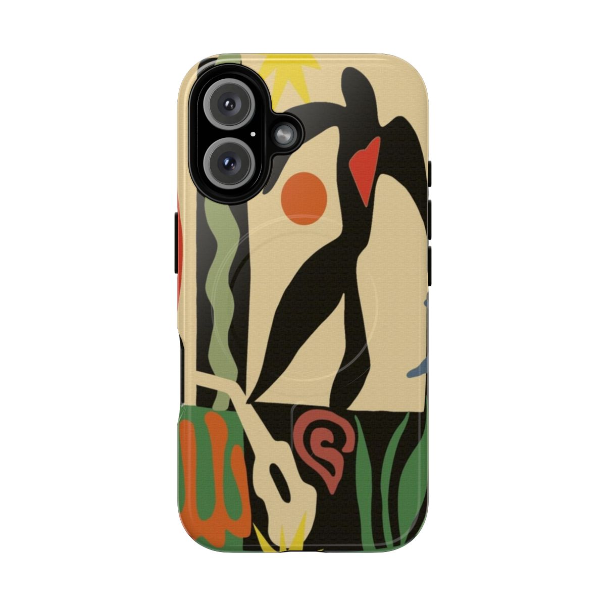 Colorful vintage-style phone case with abstract nature-inspired design