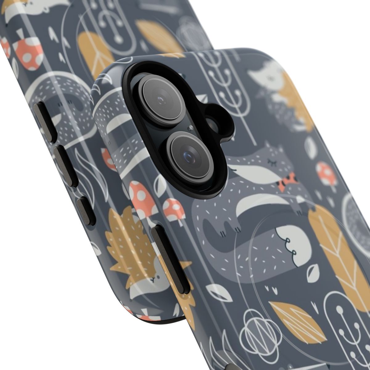 A collage of illustrations featuring forest elements like leaves, mushrooms, and various woodland animals on a phone case. - Detail