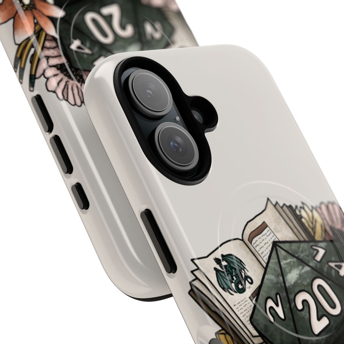 Magnetic phone case with a D20 design for tabletop role-playing games like Dungeons and Dragons - Detail