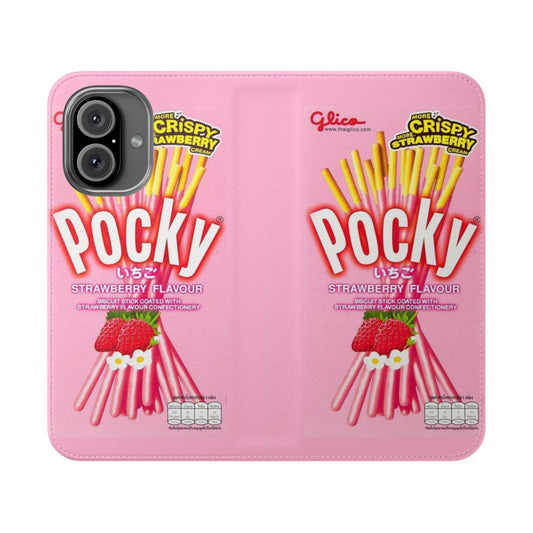 Pastel pink flip phone case with a strawberry-inspired design, perfect for anime and manga fans.