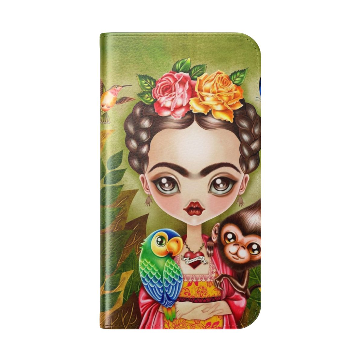 Vibrant Frida Kahlo-inspired phone case with floral, hummingbird, and butterfly design - Folded Back