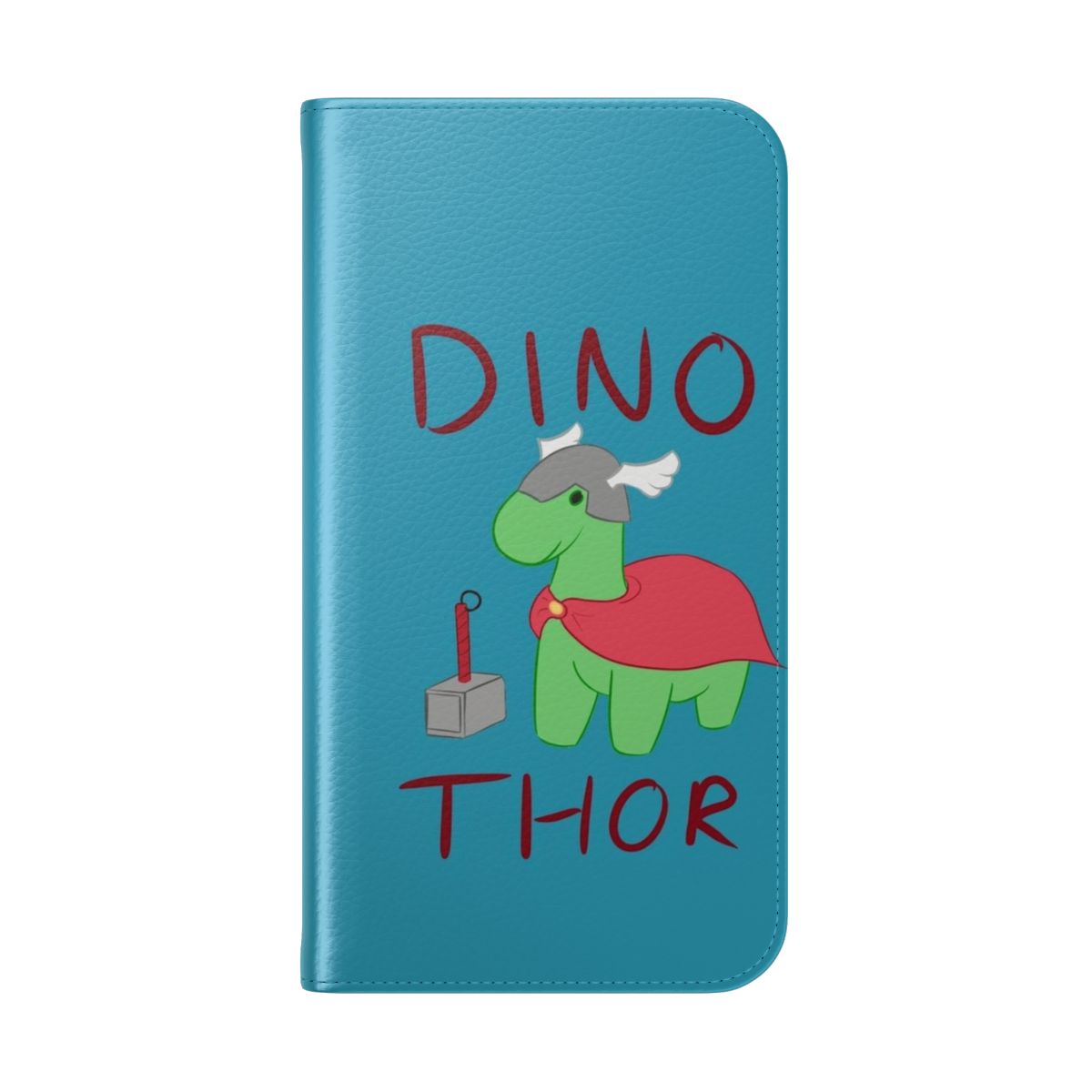 Dinosaur-themed phone case with Thor's Mjolnir hammer design - Folded Back