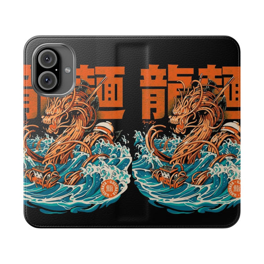 Flip phone case featuring an illustration of a dragon and ramen noodles in the style of the famous Kanagawa Wave painting