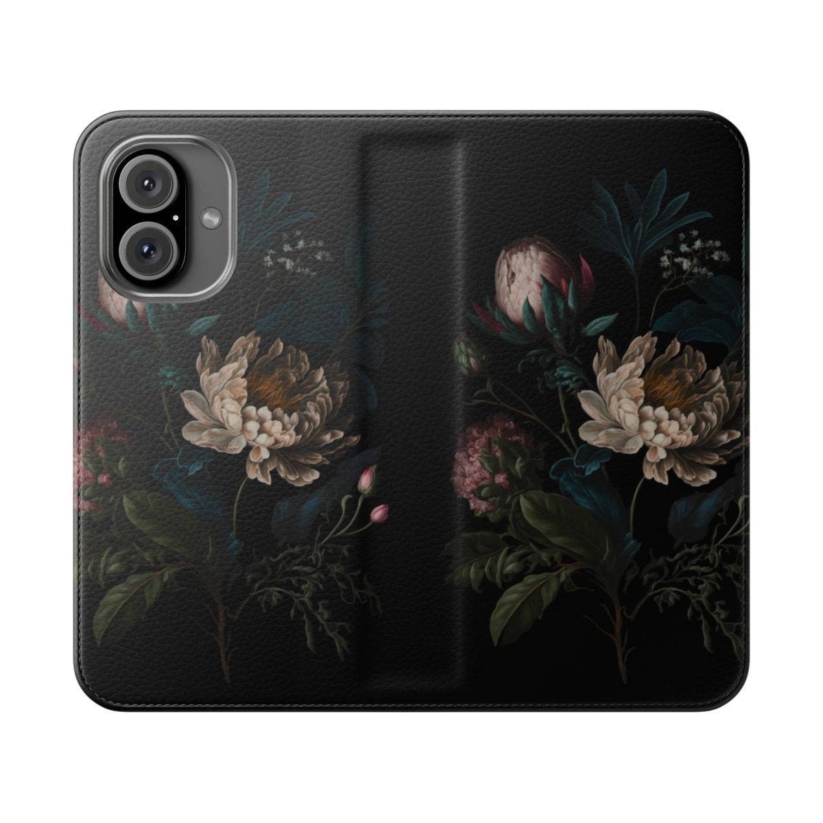 Dark academia style phone case with a peony bouquet and botanical floral pattern