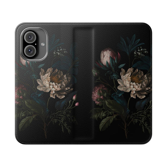 Dark academia style phone case with a peony bouquet and botanical floral pattern