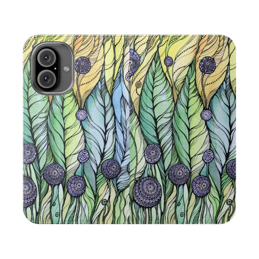 Artistic dandelion watercolor and ink illustration on a phone case.