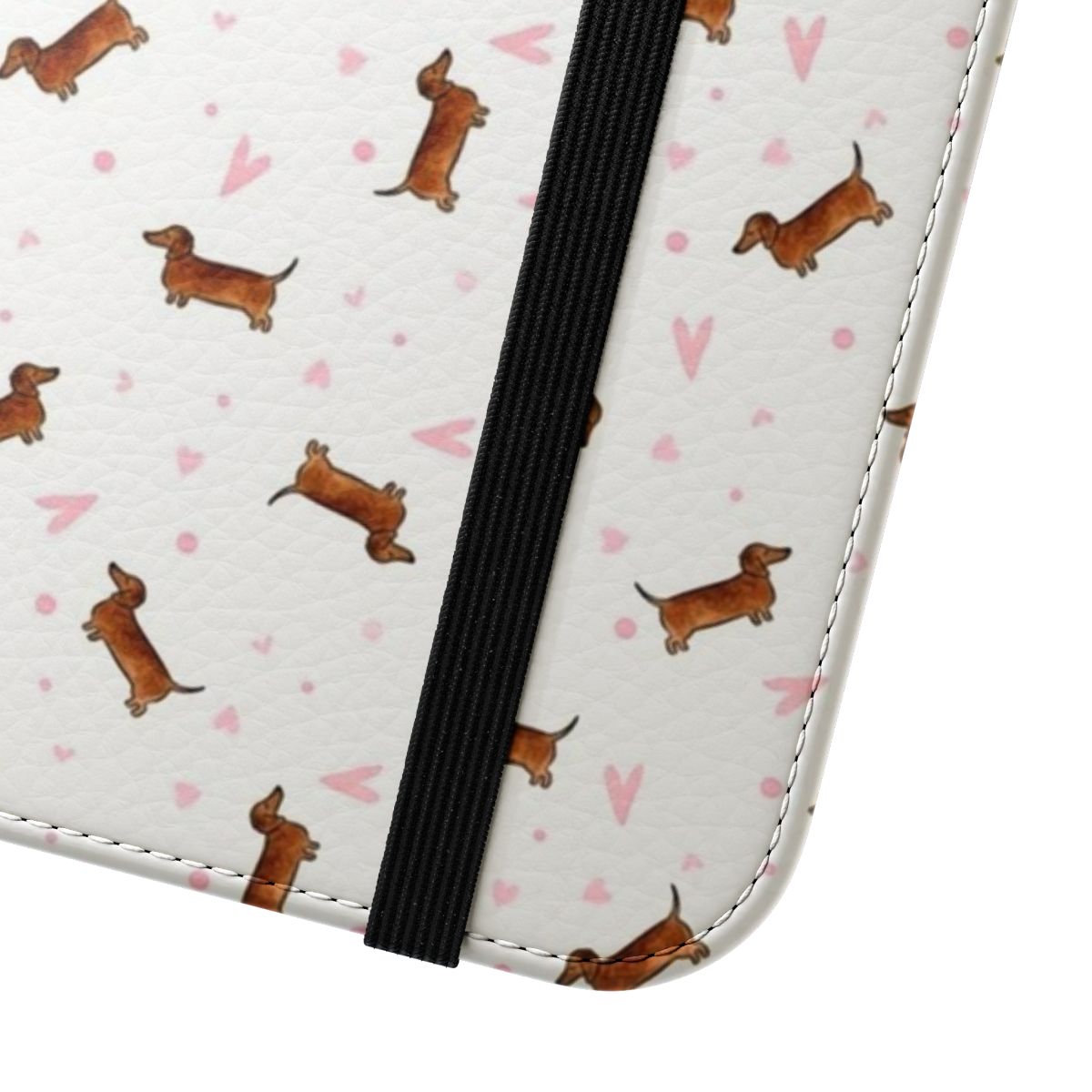 White flip cover phone case with a dachshund and heart pattern design - Close Up