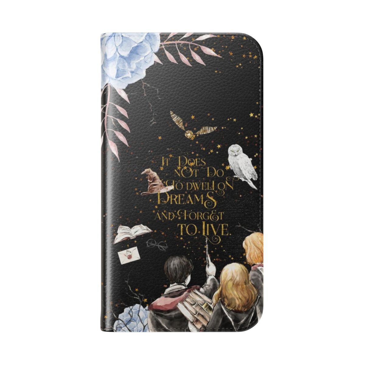 A high-quality flip cover phone case featuring a magical book-inspired design, perfect for book lovers. - Folded Back