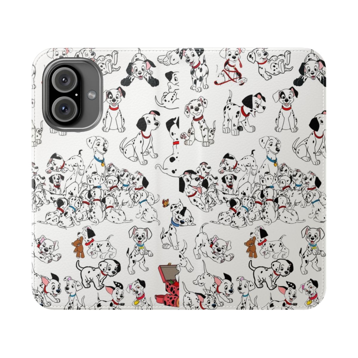 A flip phone case featuring a collage of 101 Dalmatian puppies in black, white, and gray tones.