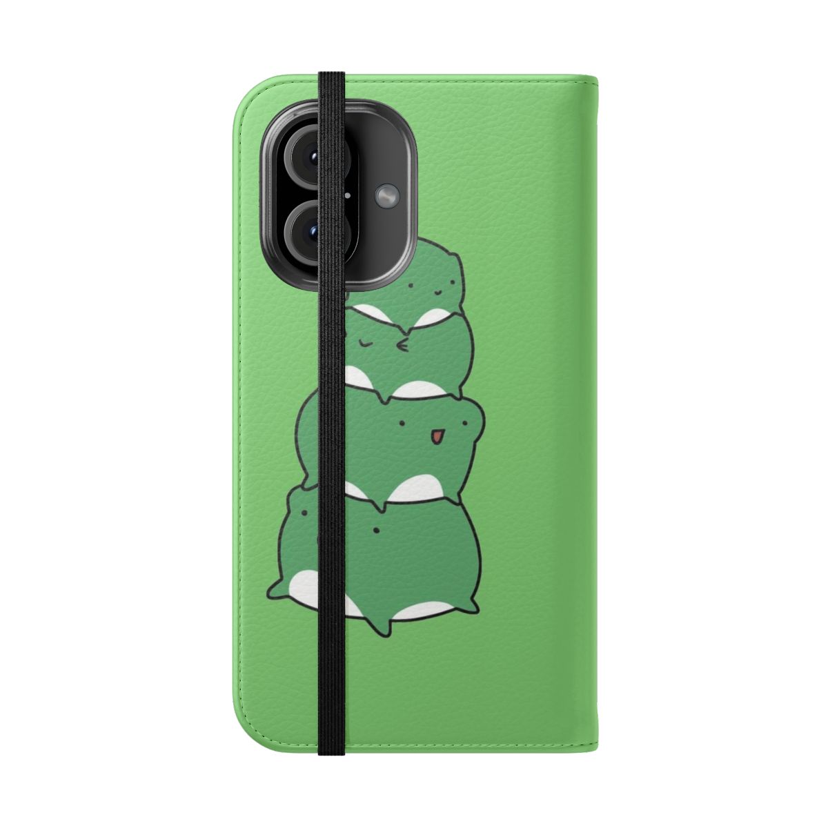 A colorful and playful phone case featuring a stack of adorable cartoon frogs. - Folded Front