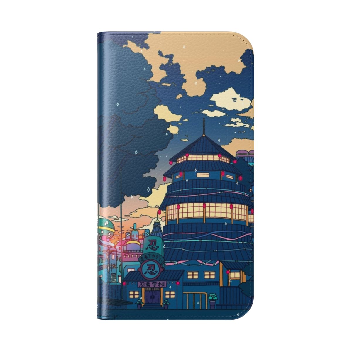 Anime-inspired flip phone case with a surreal, aesthetic design featuring a sad moon and Japanese elements - Folded Back