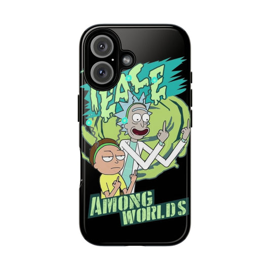 Magnetic tough phone case with a "Peace Between Worlds" design, inspired by the sci-fi series Rick and Morty.