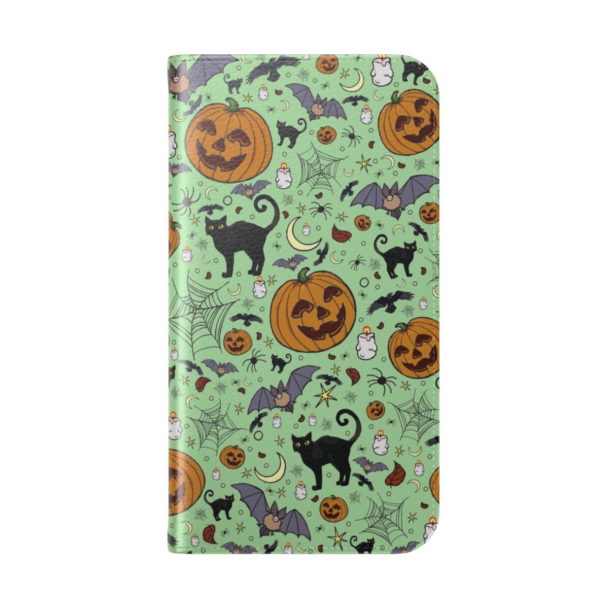 A black flip phone case with a cute and creepy Halloween-themed pattern - Folded Back