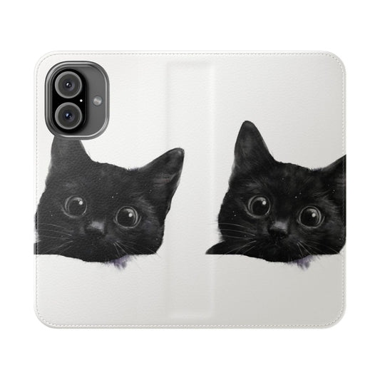 Watercolor cat peeking out from a stylish black and white minimalist phone case