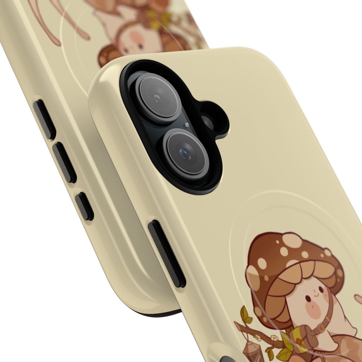 A whimsical phone case featuring a cute mushroom and snail in a fantasy, cottagecore-inspired design. - Detail