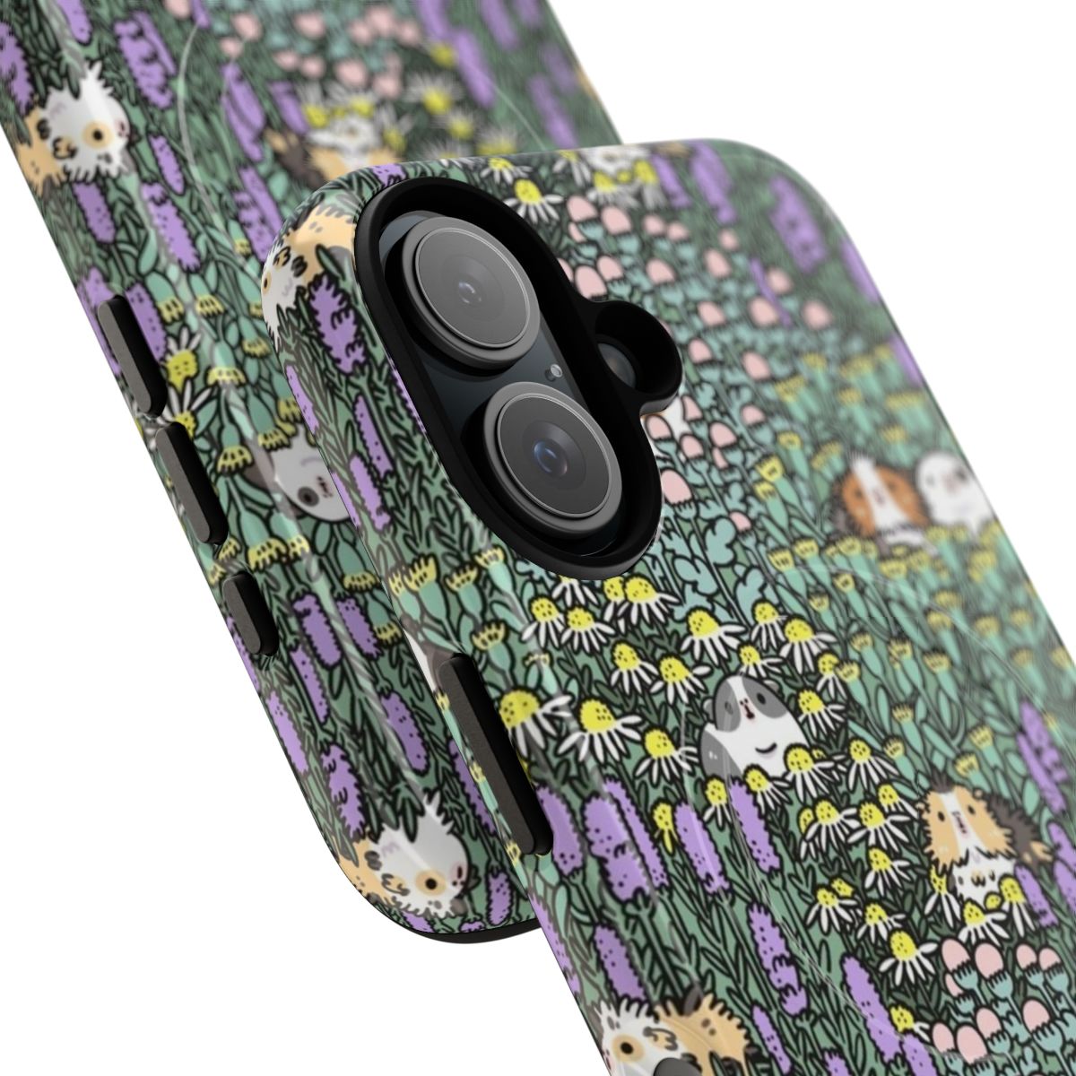 Vibrant floral phone case with an artistic pattern featuring guinea pigs and garden herbs - Detail