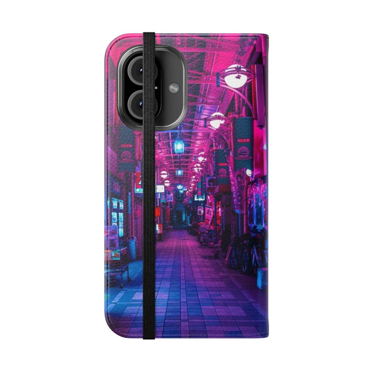 Vibrant, futuristic phone case featuring a neon-lit alley in a sci-fi, dimensional landscape. - Folded Front