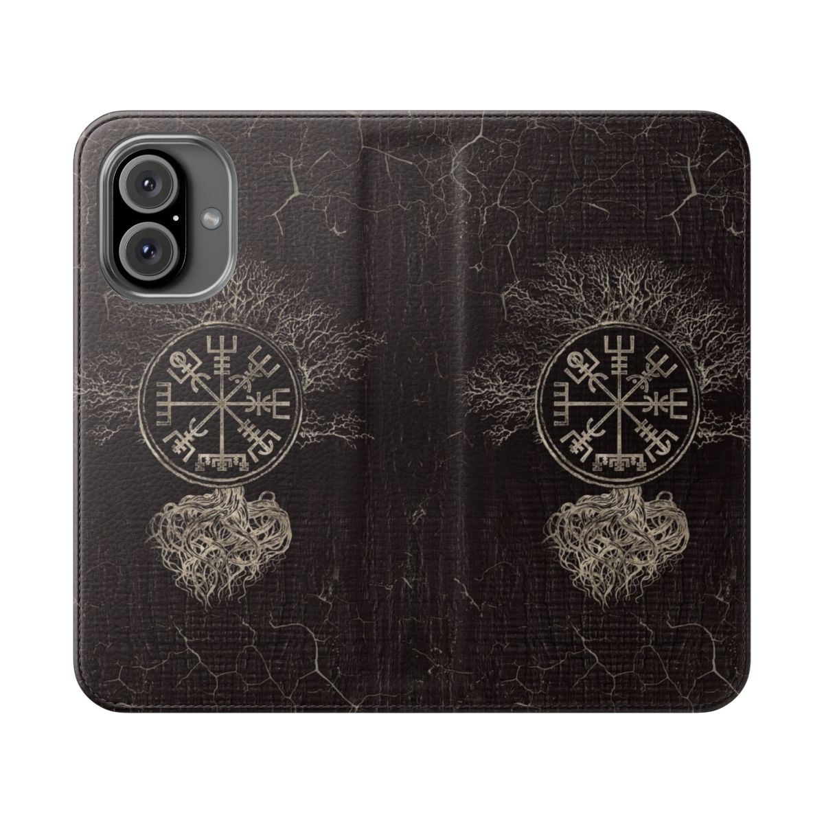 Flip phone case featuring the Vegvisir (Viking compass) and Yggdrasil (Tree of Life) designs