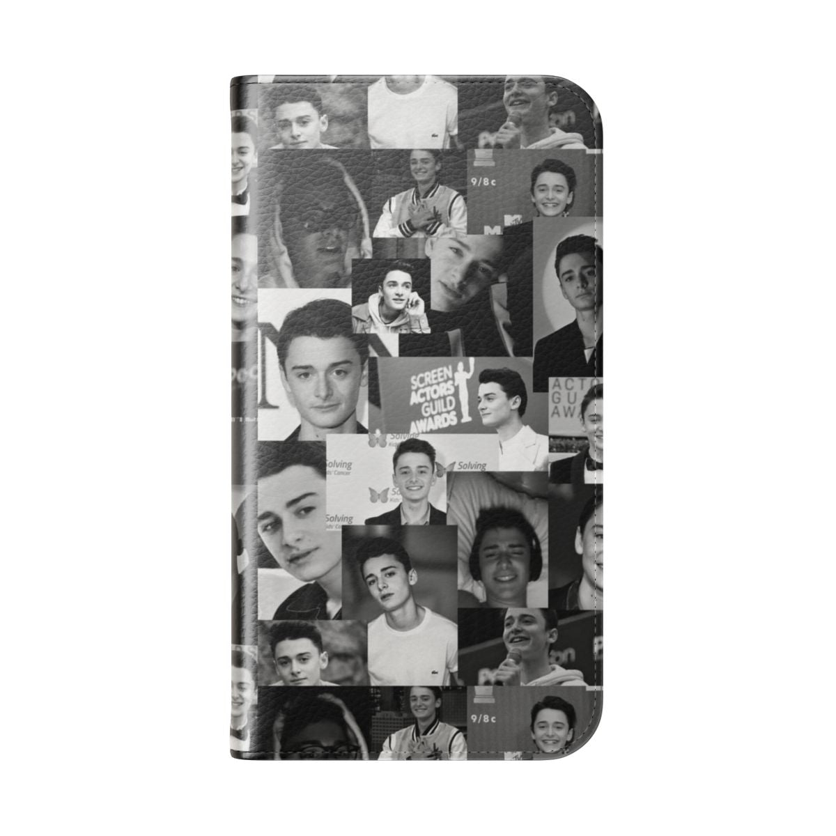 Black and white phone case featuring a portrait of Noah Schnapp, the actor who plays Will Byers in Stranger Things. - Folded Back