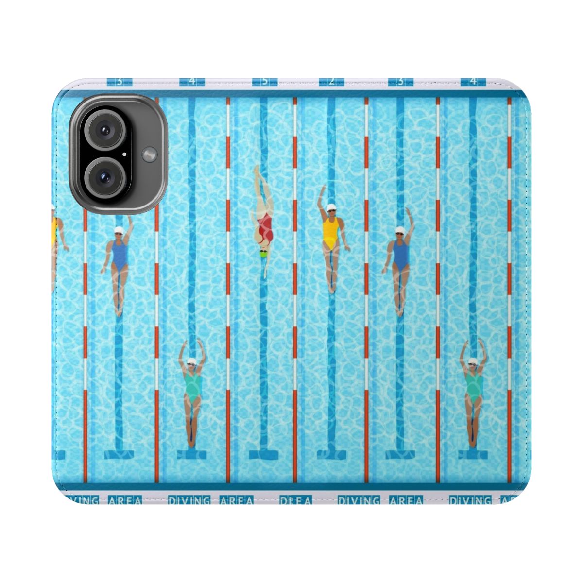 Waterproof phone case with swimming pool, swimmers, and water sports design