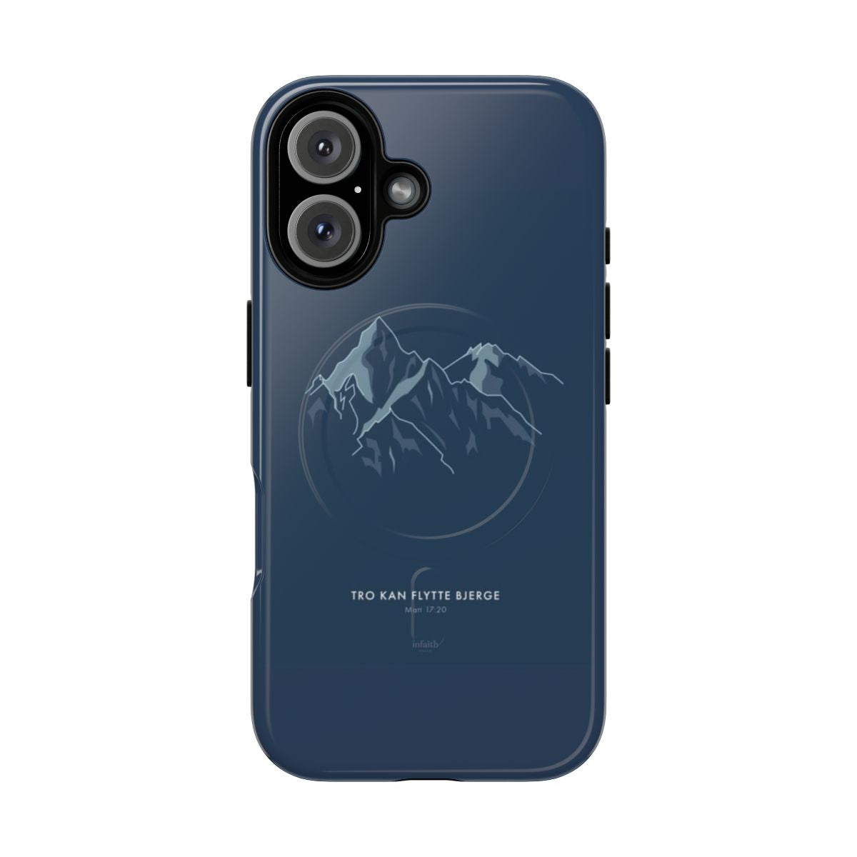 Mountains and Christian-themed graphic design on a blue magnetic tough phone case