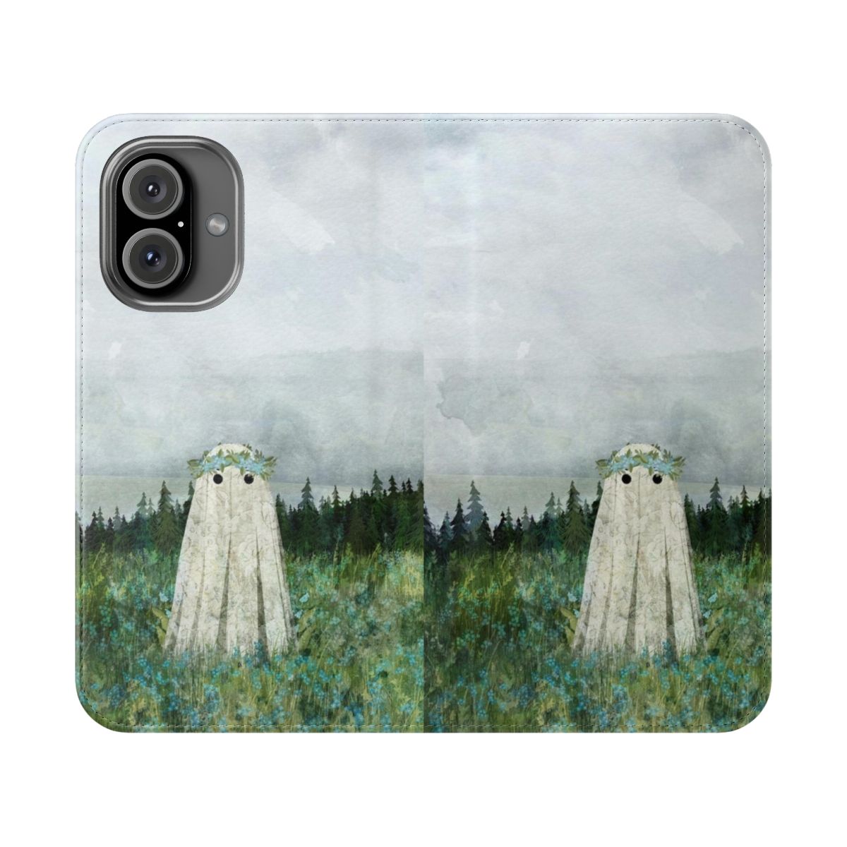 Whimsical phone case featuring a haunting meadow landscape with ghostly blue flowers