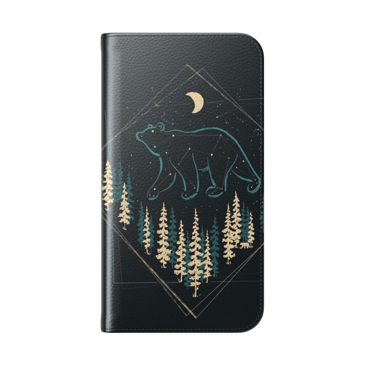 Flip cover phone case featuring a night sky with stars, moon, and a majestic bear in a wilderness setting - Folded Back