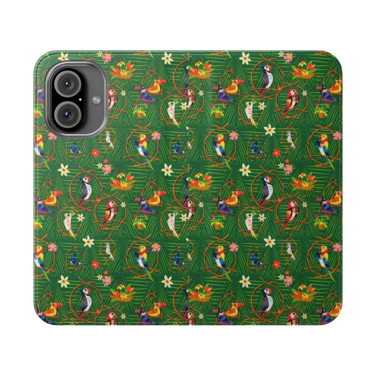 Flip phone case with enchanted tiki room design featuring singing birds, rainbows and jewels