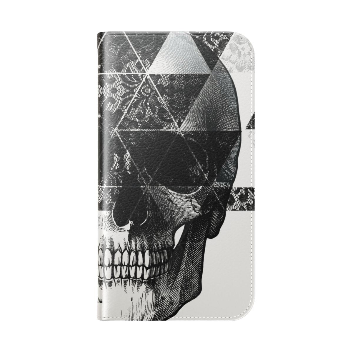 Flip cover phone case with a geometric skull design in black and white. - Folded Back