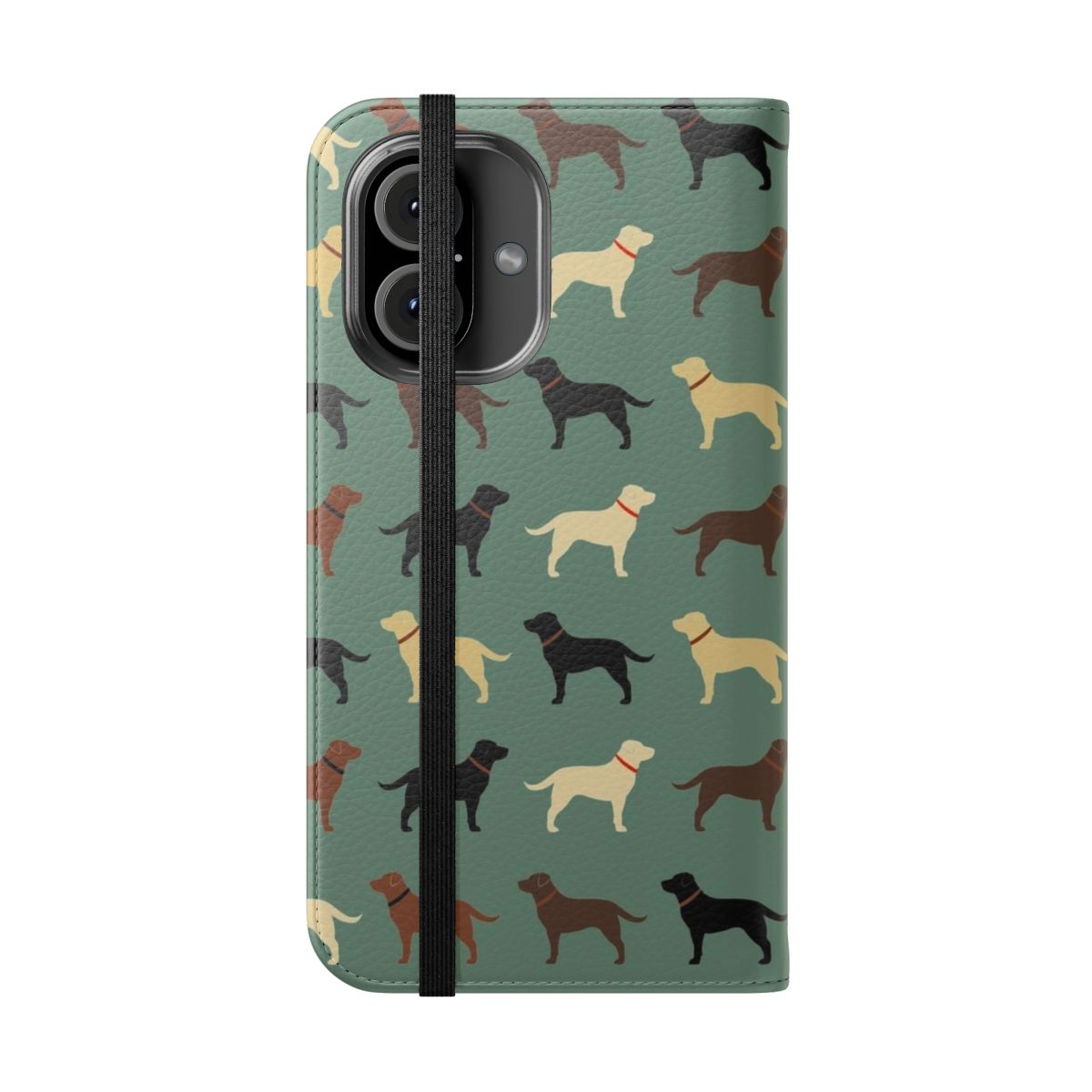 Flip cover phone case featuring a pattern of Labrador Retriever dog silhouettes in various colors including chocolate, yellow, red, and black. - Folded Front