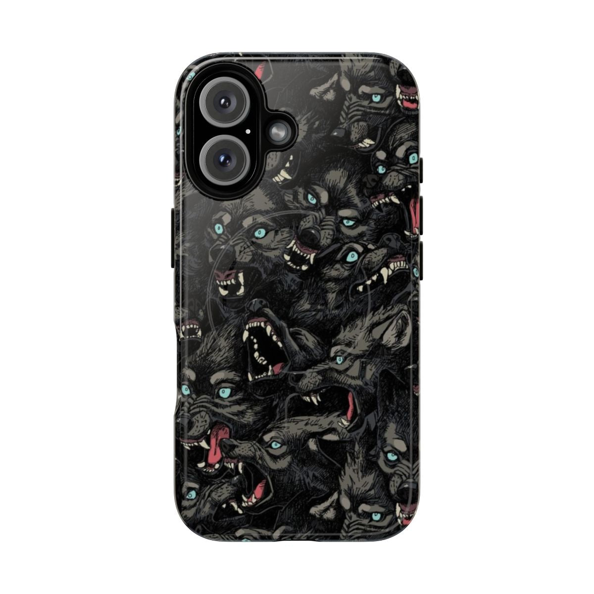 Closeup of a snarling grey wolf from a wolf pack in a dark wilderness pattern phone case