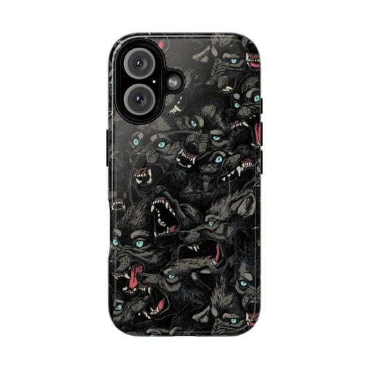 Closeup of a snarling grey wolf from a wolf pack in a dark wilderness pattern phone case