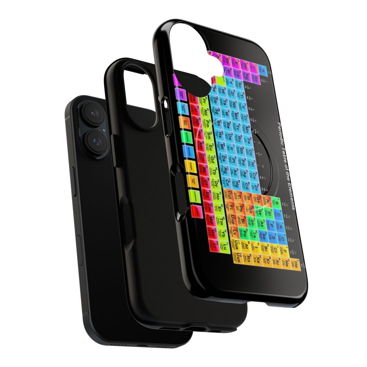 Colorful periodic table design on a black magnetic tough phone case - Layers