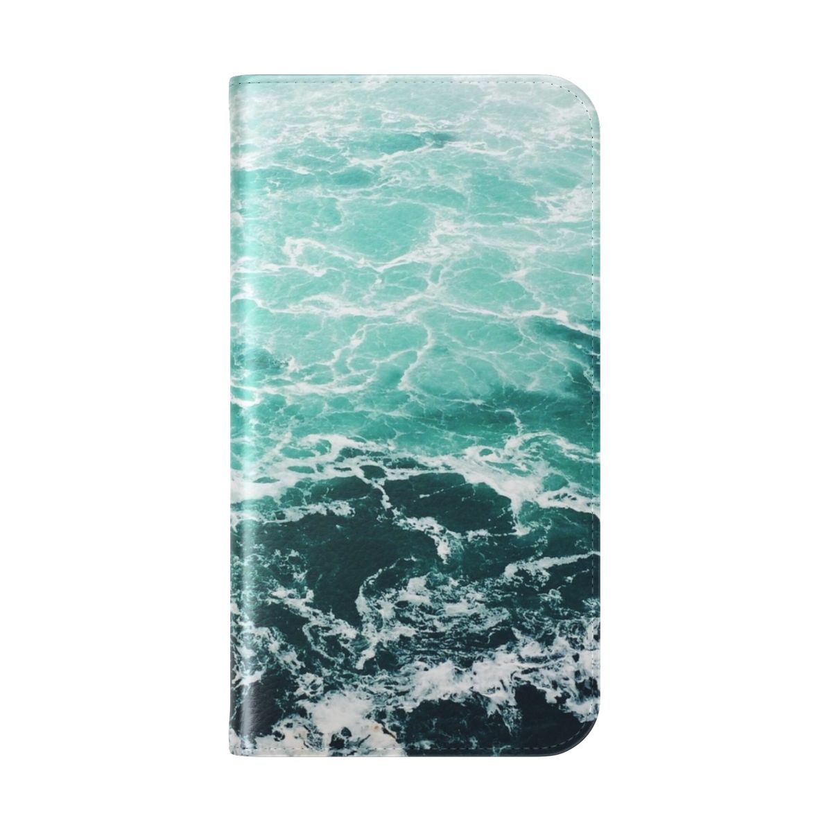 Vibrant blue and turquoise phone case with a beautiful ocean wave and beach pattern - Folded Back