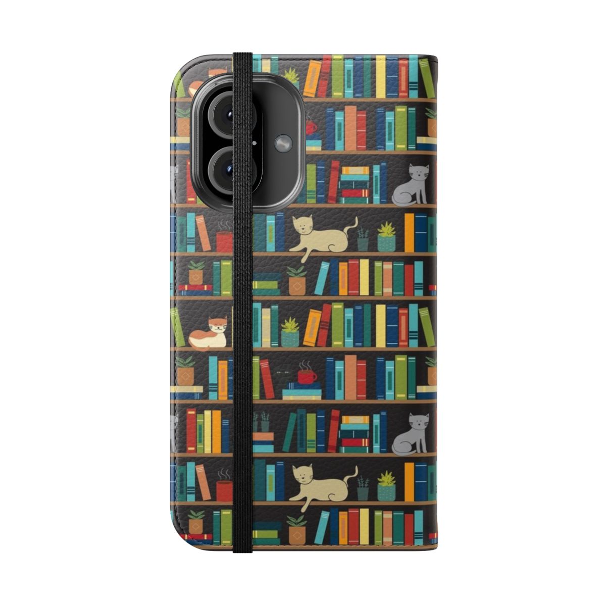 Stylish flip cover phone case for book lovers, authors, and librarians with a cat lover theme. - Folded Front