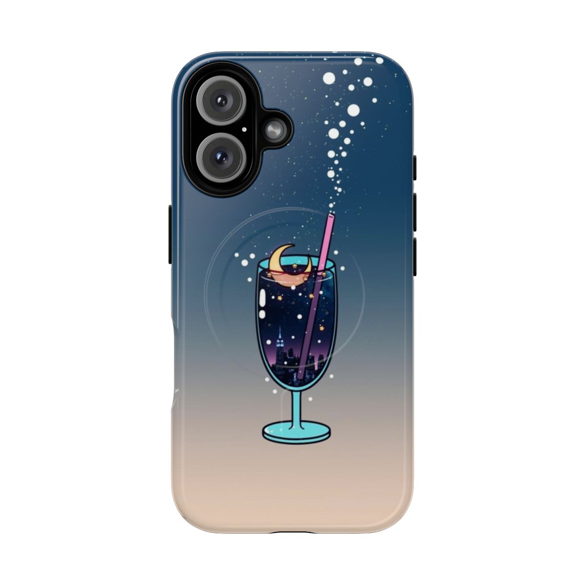 Artistic phone case featuring a whimsical moon soda design with stars and clouds against a night sky background.