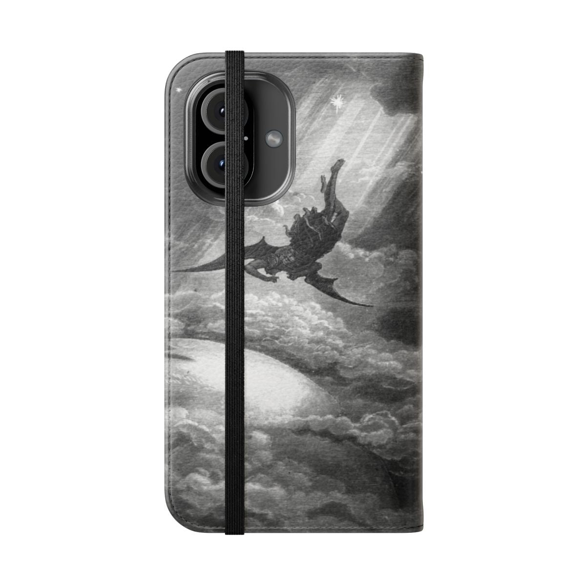 A black and white flip cover phone case featuring the artwork of Gustave Dore depicting the fallen angel Lucifer from John Milton's "Paradise Lost". - Folded Front