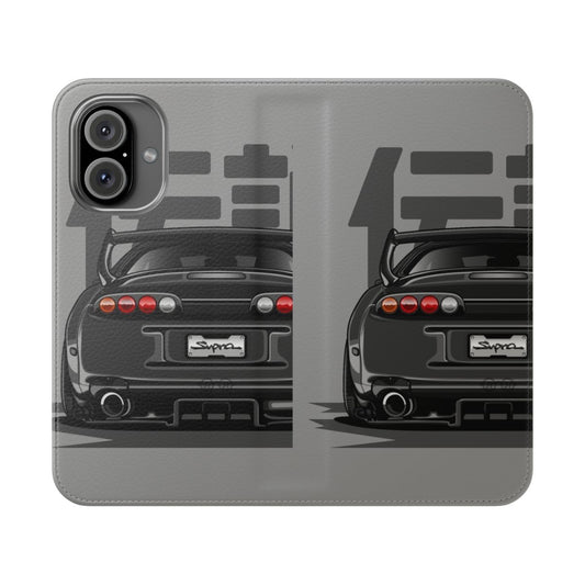 Sleek and durable flip cover phone case featuring a stylized Supra MK4 design for car enthusiasts