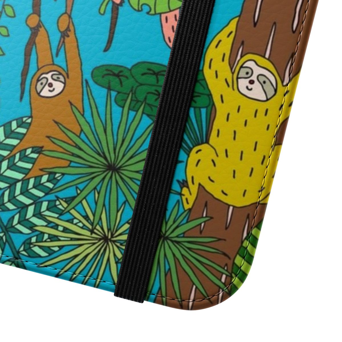 Vibrant graphic phone case featuring happy sloths in a tropical jungle landscape. - Close Up