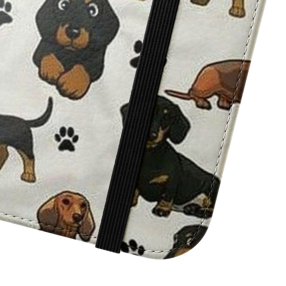 Dachshund dog cartoon design on a flip phone case - Close Up