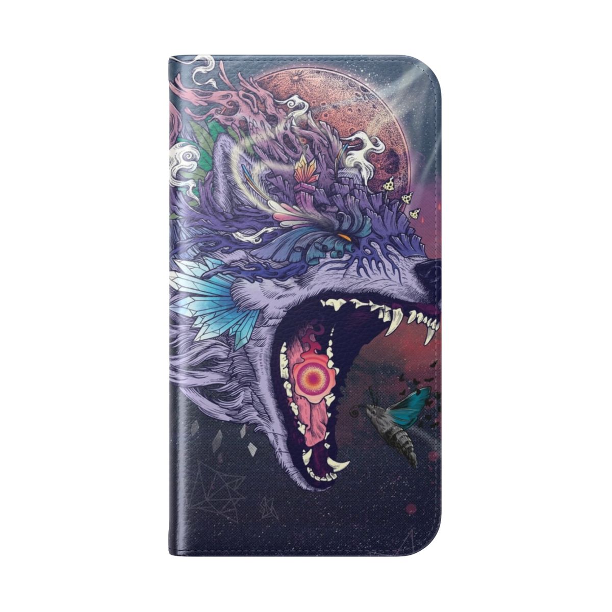 Vibrant psychedelic and surreal phone case featuring a wolf and celestial imagery - Folded Back