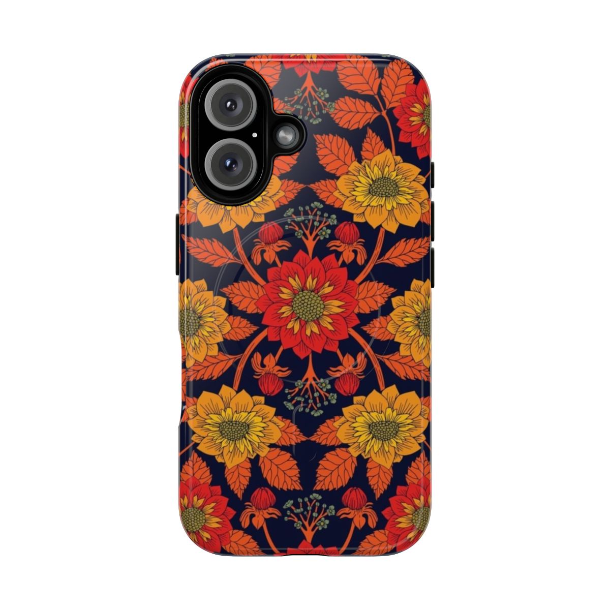 Vibrant yellow, red, orange, blue, and navy floral pattern phone cases